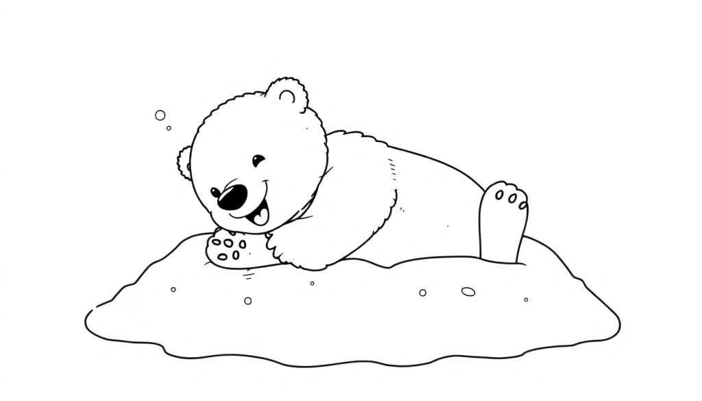 A black and white line art color panel of a happy polar bear cub lying on a snowy mound, ready for coloring.