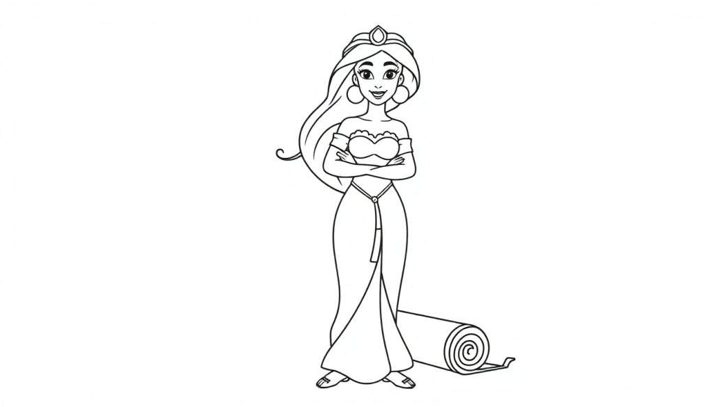 Princess Jasmine standing with arms crossed, a rolled-up magic carpet at her feet, in a color panel illustration for coloring.
