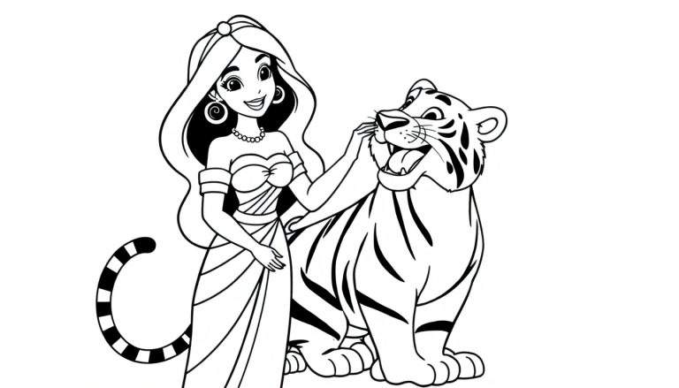 A cute black and white coloring page of Princess Jasmine and Rajah, ready for a color panel adventure.