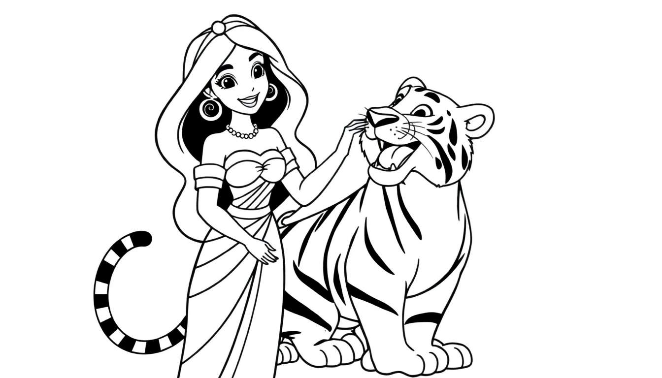 A cute black and white coloring page of Princess Jasmine and Rajah, ready for a color panel adventure.