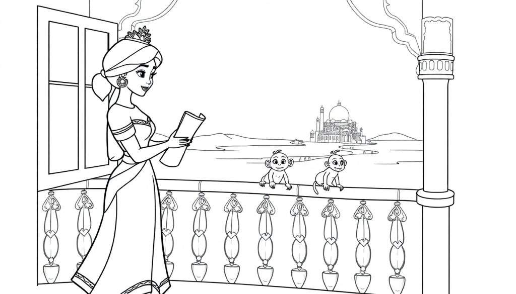 Princess Jasmine on a balcony with monkeys, a palace in the background. Black and white coloring panel for kids.