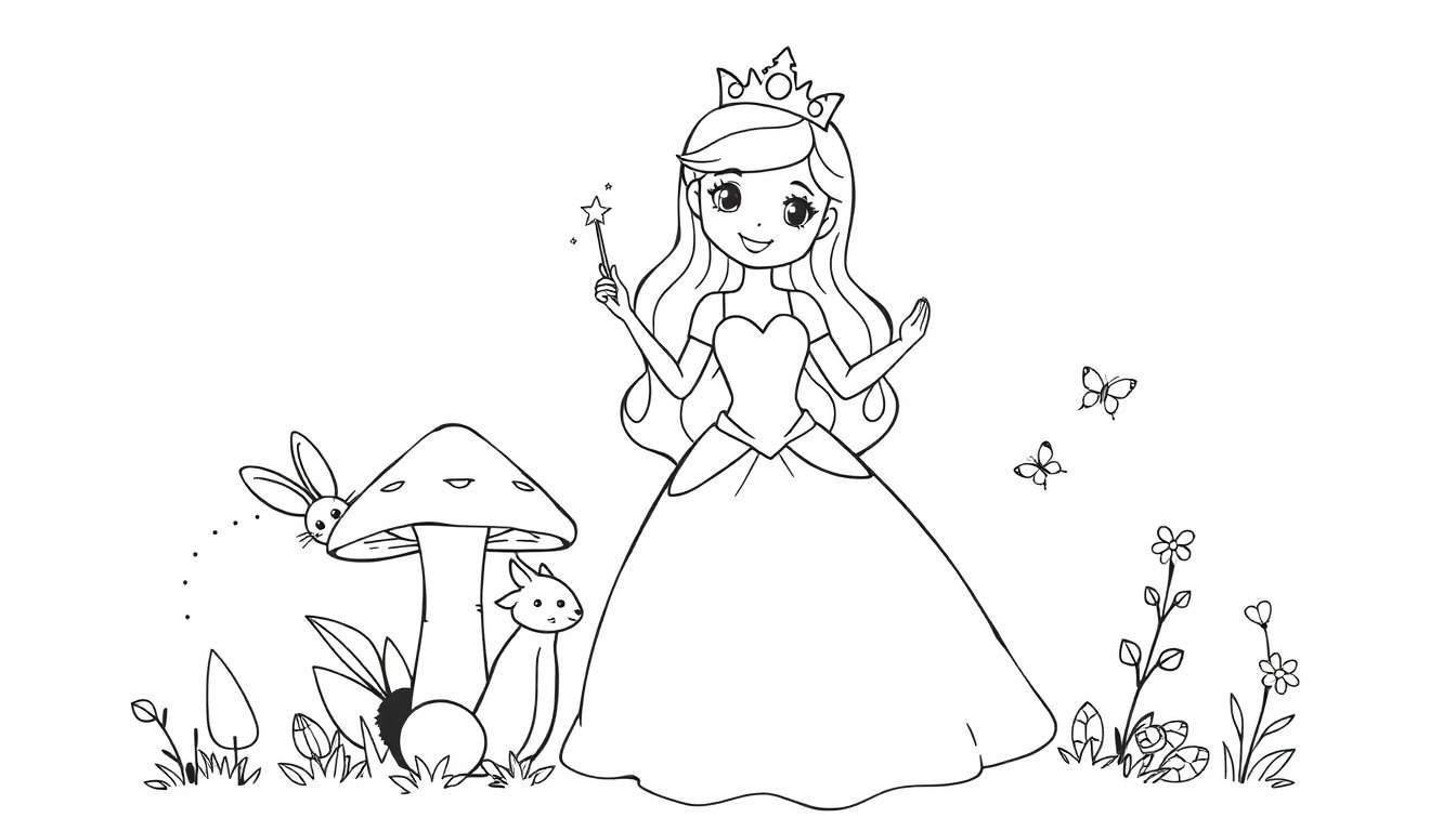 A whimsical princess with a crown and flowing gown holding a magic wand, standing next to a large mushroom with a rabbit and cat, with flowers and butterflies nearby. This is a black and white coloring panel.