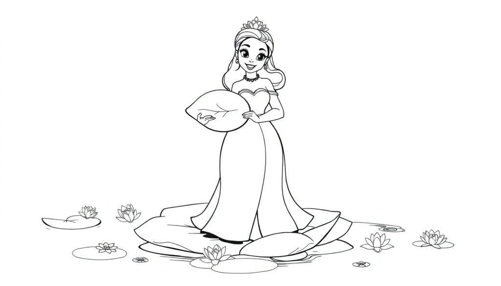 Princess Tiana in her black and white coloring panel gown, holding a lily pad.