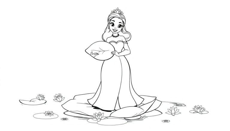 Princess Tiana in her black and white coloring panel gown, holding a lily pad.