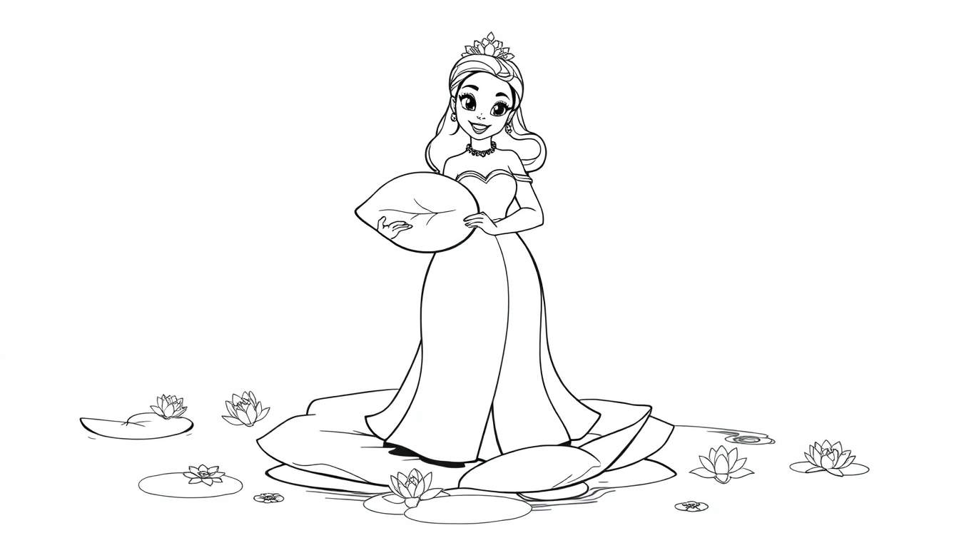 Princess Tiana in her black and white coloring panel gown, holding a lily pad.