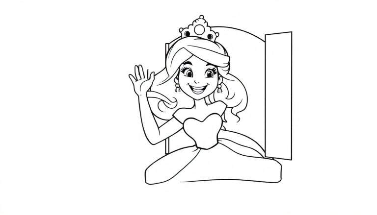 A happy princess in a black and white color panel drawing, waving from a castle window. The drawing is simple with clean lines.