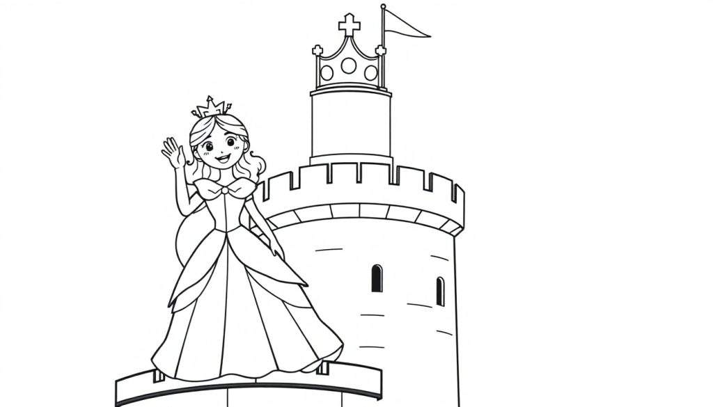A cute princess with a sparkly crown waving from her castle tower, ready for a color panel. This black and white line art invites you to add your own colors!
