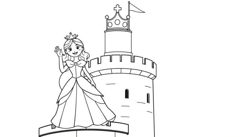 A cute princess with a sparkly crown waving from her castle tower, ready for a color panel. This black and white line art invites you to add your own colors!