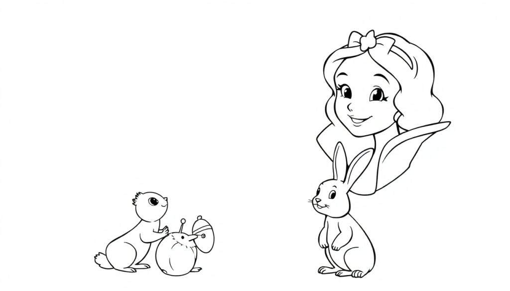 A black and white color panel showing a princess with a bow in her hair, a rabbit, a squirrel, and a hedgehog with antennae.