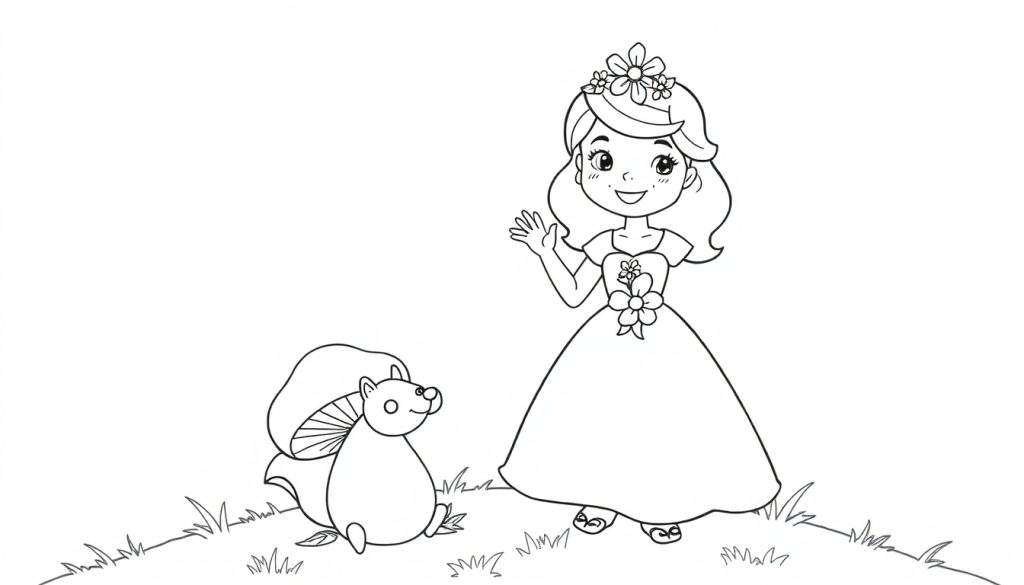 A cute princess and a mushroom-carrying animal in a black and white color panel, ready for coloring.