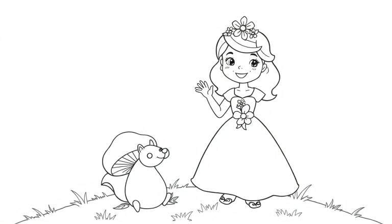 A cute princess and a mushroom-carrying animal in a black and white color panel, ready for coloring.