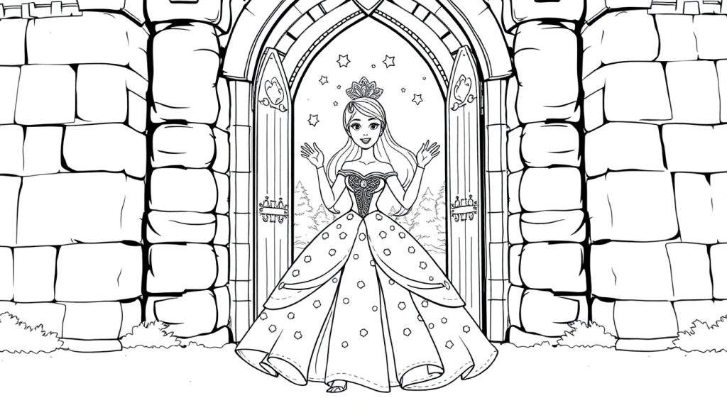 A princess in a starry doorway, ready for a color panel adventure!