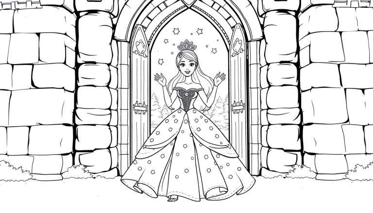 A princess in a starry doorway, ready for a color panel adventure!