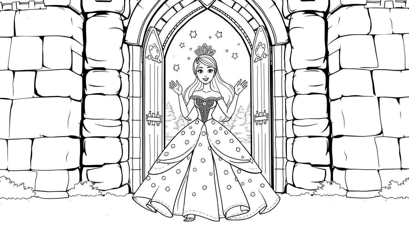 A princess in a starry doorway, ready for a color panel adventure!