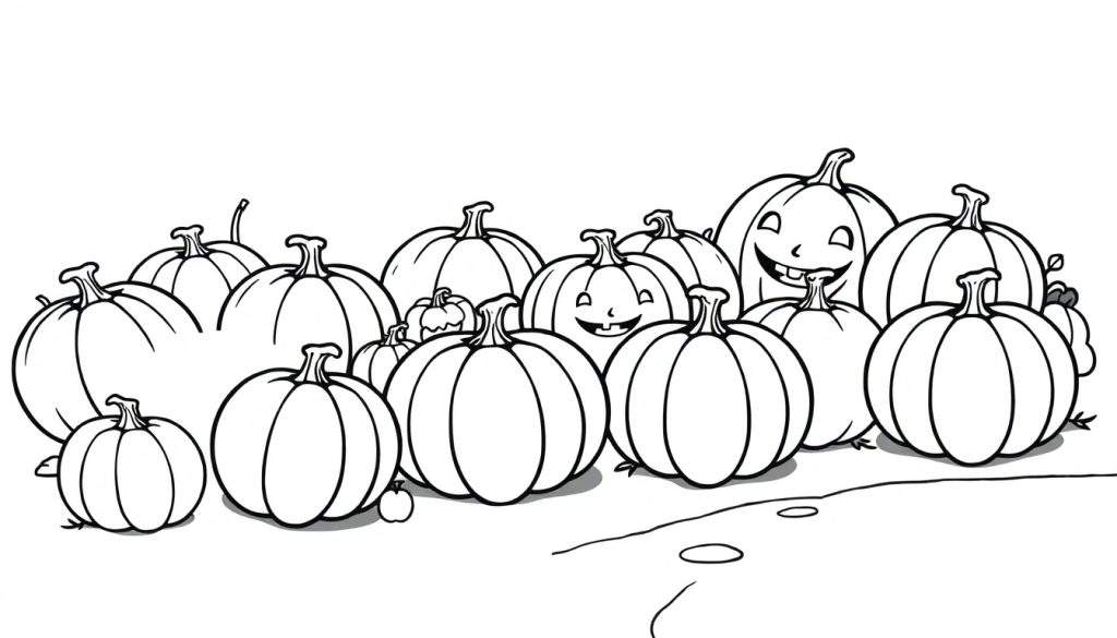 A fun color panel with many pumpkins, some with silly faces, waiting to be colored.