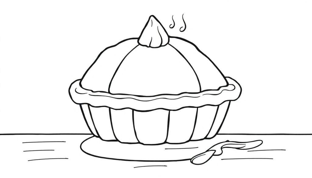A black and white drawing of a pie with a wavy crust and whipped cream, ready for a color panel adventure.