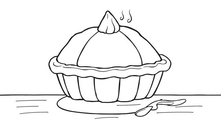 A black and white drawing of a pie with a wavy crust and whipped cream, ready for a color panel adventure.