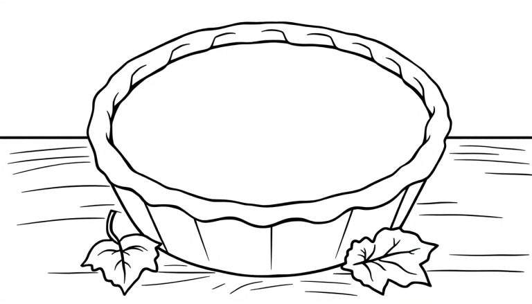 A cute black and white outline of a delicious pumpkin pie, ready for kids to color! Crust details and filling texture, a fun color panel.