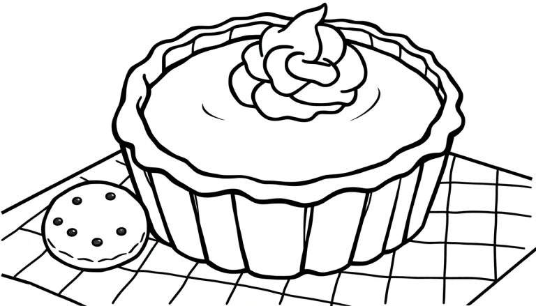 A cute black and white pumpkin pie and cookie on a checkered color panel, ready for coloring!