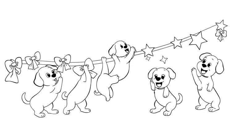 A cheerful black and white color panel featuring five playful puppies decorating a long garland with bows and stars.