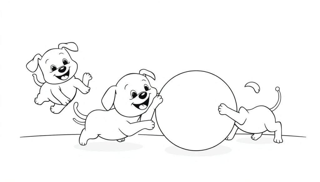 A black and white color panel showing three happy cartoon puppies playing with a bouncy ball. One puppy jumps joyfully, another pushes the ball, and the third is partially visible pushing it too. All on a white background.