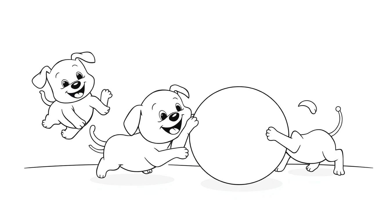 A black and white color panel showing three happy cartoon puppies playing with a bouncy ball. One puppy jumps joyfully, another pushes the ball, and the third is partially visible pushing it too. All on a white background.