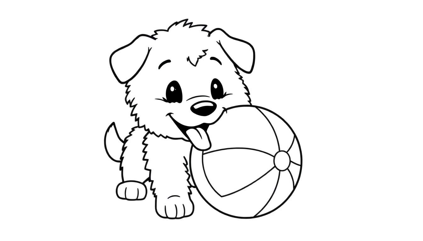 A cute black and white puppy with big eyes and its tongue out, holding a beach ball. This is a fun color panel for kids.