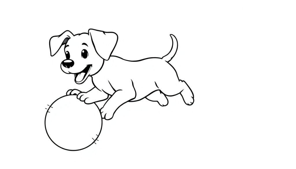 A black and white cartoon puppy jumping for a ball, ready for a color panel.