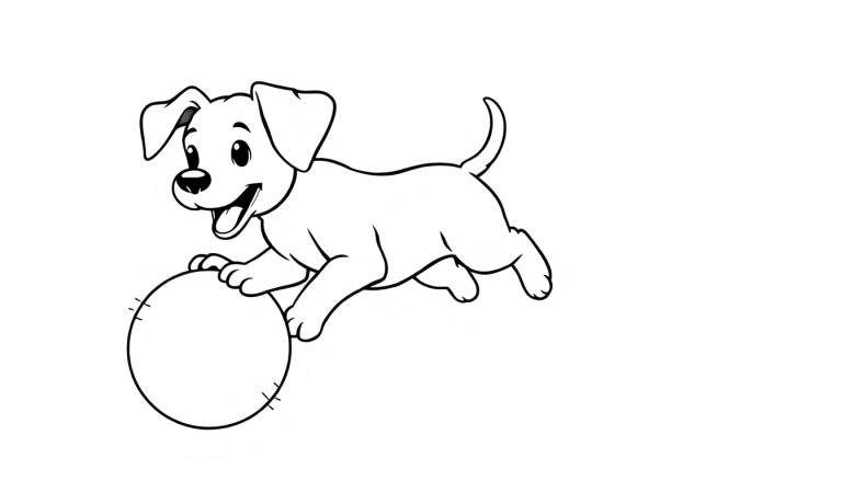 A black and white cartoon puppy jumping for a ball, ready for a color panel.