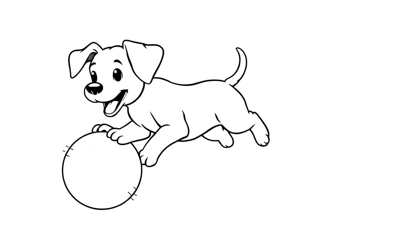 A black and white cartoon puppy jumping for a ball, ready for a color panel.