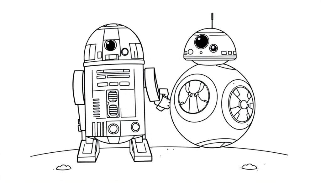 A black and white cartoon coloring page of R2-D2 and BB-8 standing together, ready for a color panel fun.