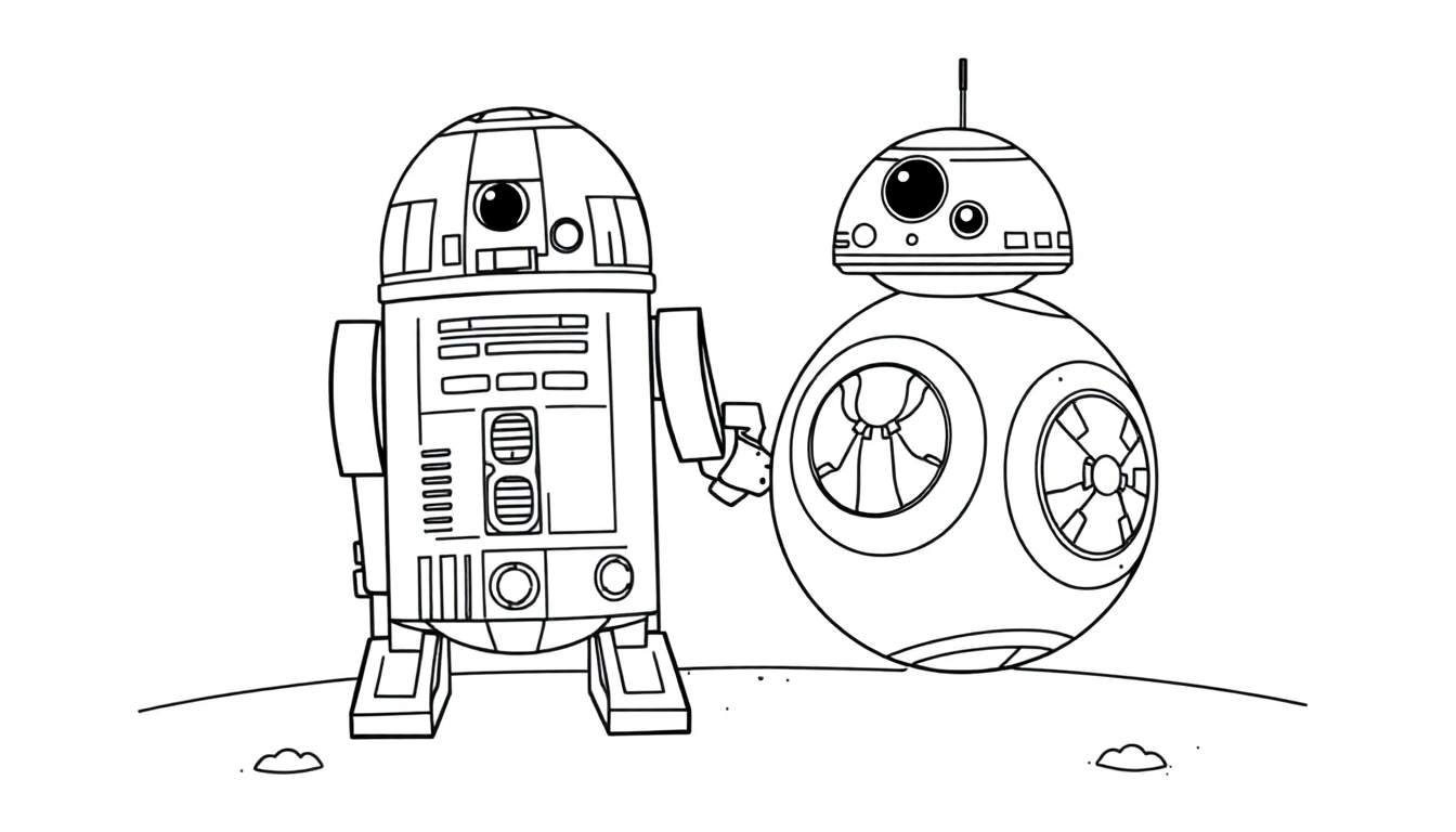 A black and white cartoon coloring page of R2-D2 and BB-8 standing together, ready for a color panel fun.