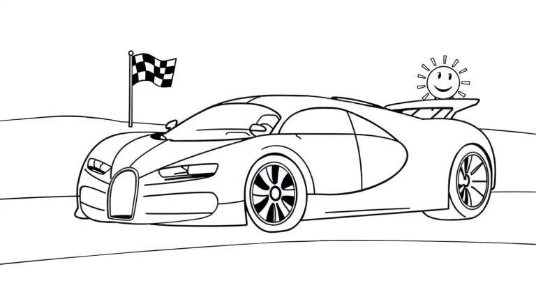 A black and white line drawing of a race car with a smiling sun on its spoiler, perfect for a coloring panel.