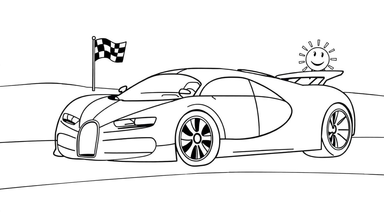 A black and white line drawing of a race car with a smiling sun on its spoiler, perfect for a coloring panel.