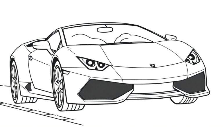 A black and white outline drawing of a friendly Lamborghini Huracan Spyder, ready for a race, on a color panel for kids.