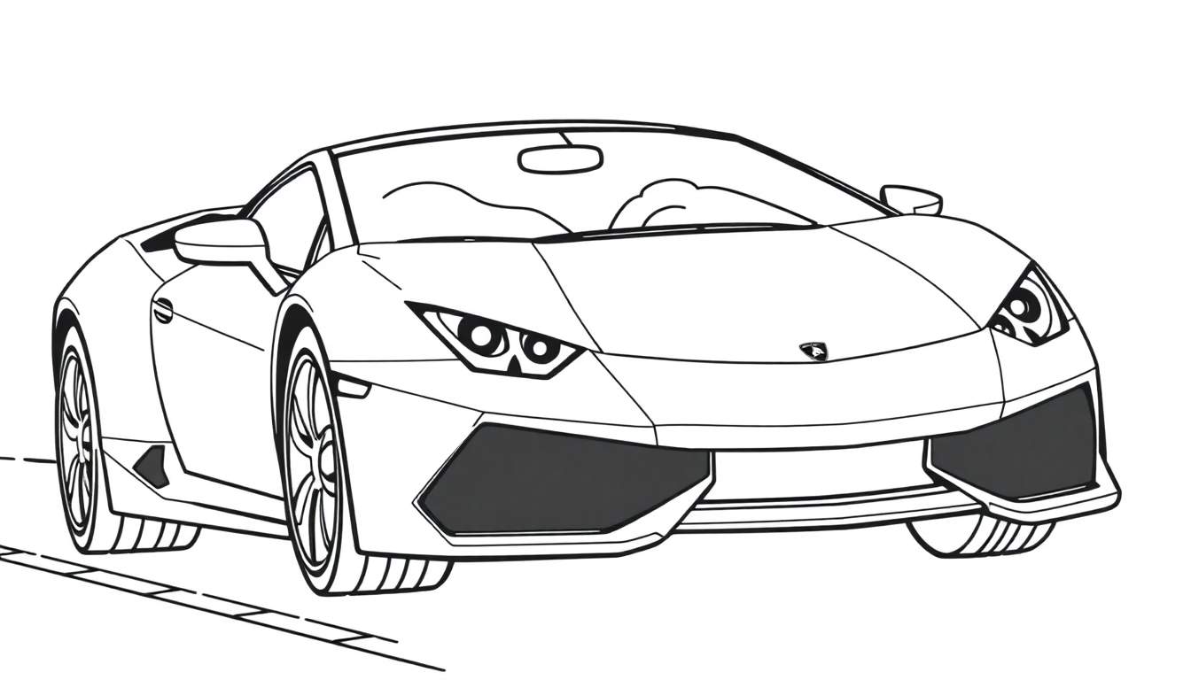 A black and white outline drawing of a friendly Lamborghini Huracan Spyder, ready for a race, on a color panel for kids.
