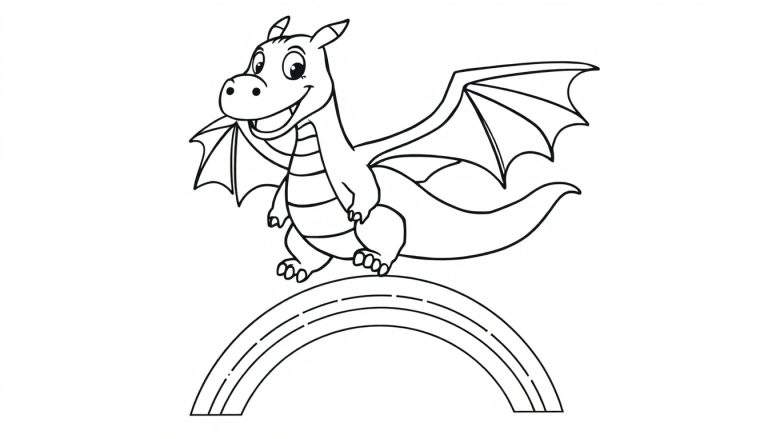 A friendly dragon on a rainbow color panel, ready to fly.