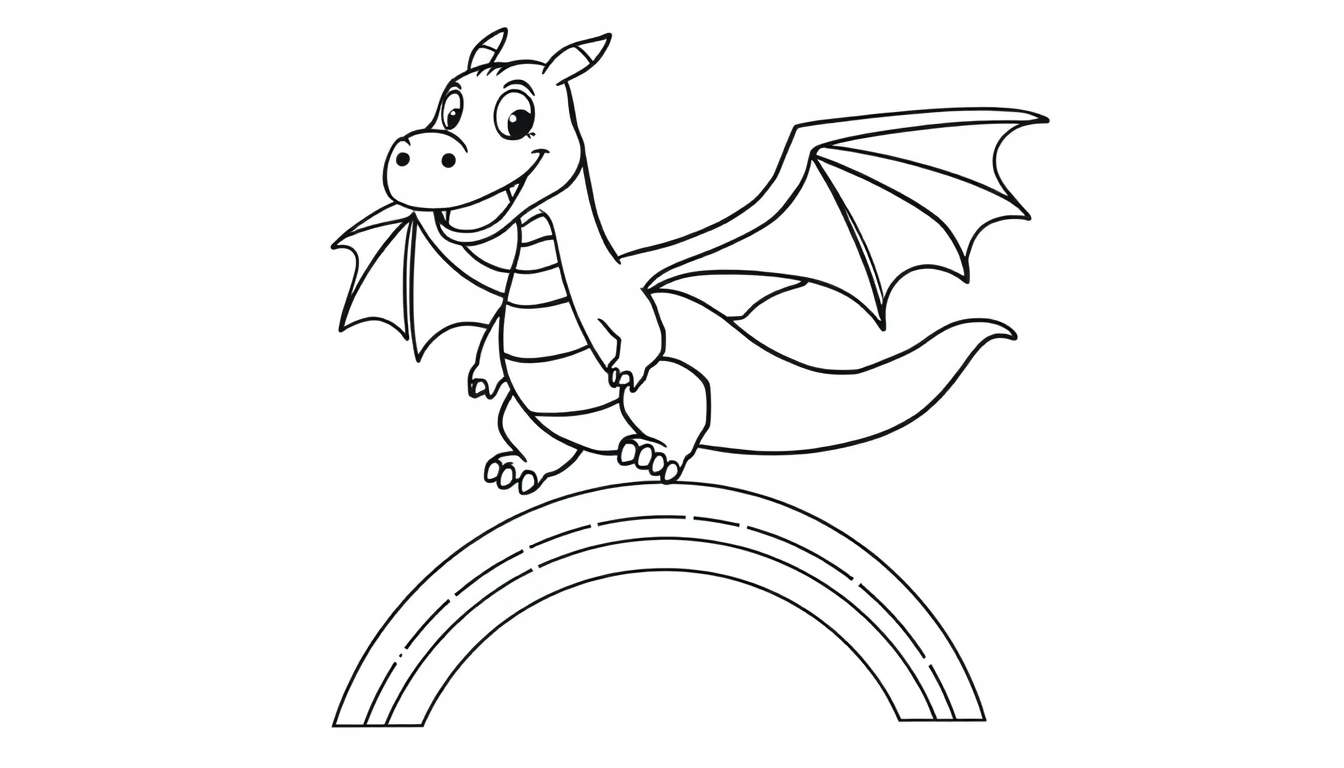 A friendly dragon on a rainbow color panel, ready to fly.