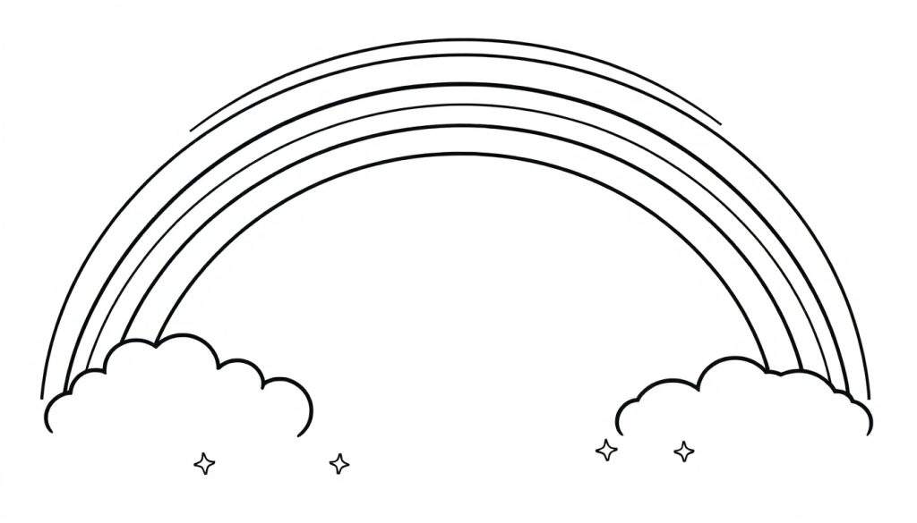 A black and white drawing of a rainbow arching over clouds with stars, ready for coloring. This color panel is waiting for your artistic touch!