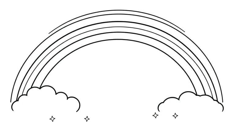 A black and white drawing of a rainbow arching over clouds with stars, ready for coloring. This color panel is waiting for your artistic touch!