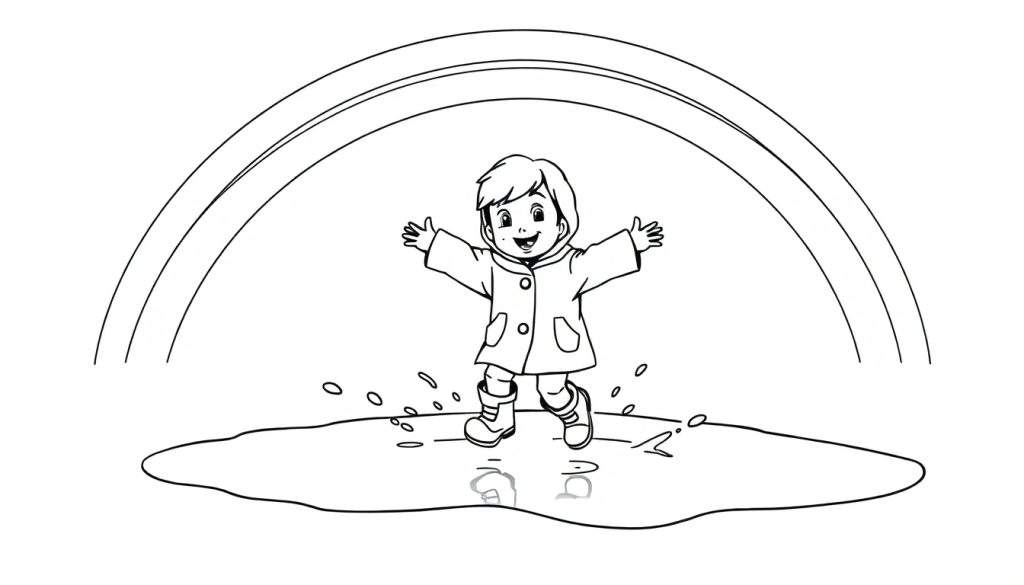 A black and white drawing of a child splashing in a puddle under a rainbow, ready for a color panel.
