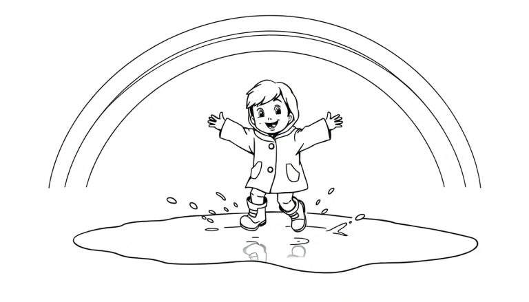 A black and white drawing of a child splashing in a puddle under a rainbow, ready for a color panel.