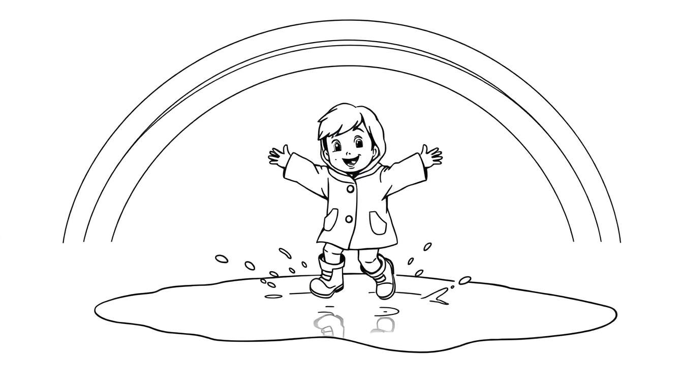 A black and white drawing of a child splashing in a puddle under a rainbow, ready for a color panel.