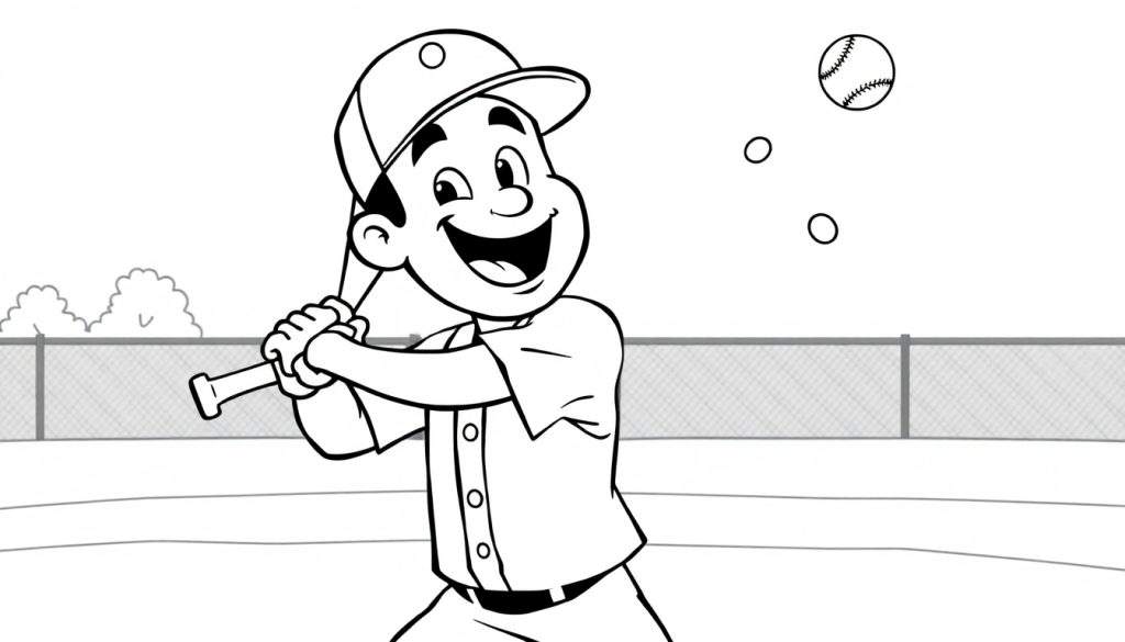 A happy black and white cartoon baseball player with a bat, ready to swing, with a baseball and movement circles, within a park color panel.