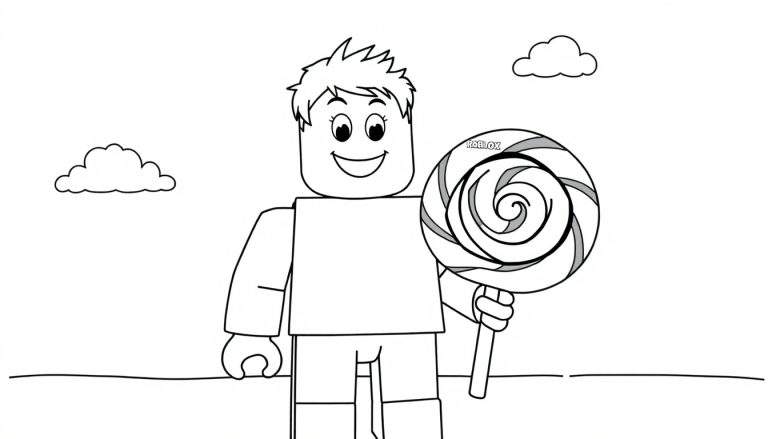 A black and white Roblox character with a big smile holding a Roblox lollipop, ready for a color panel.