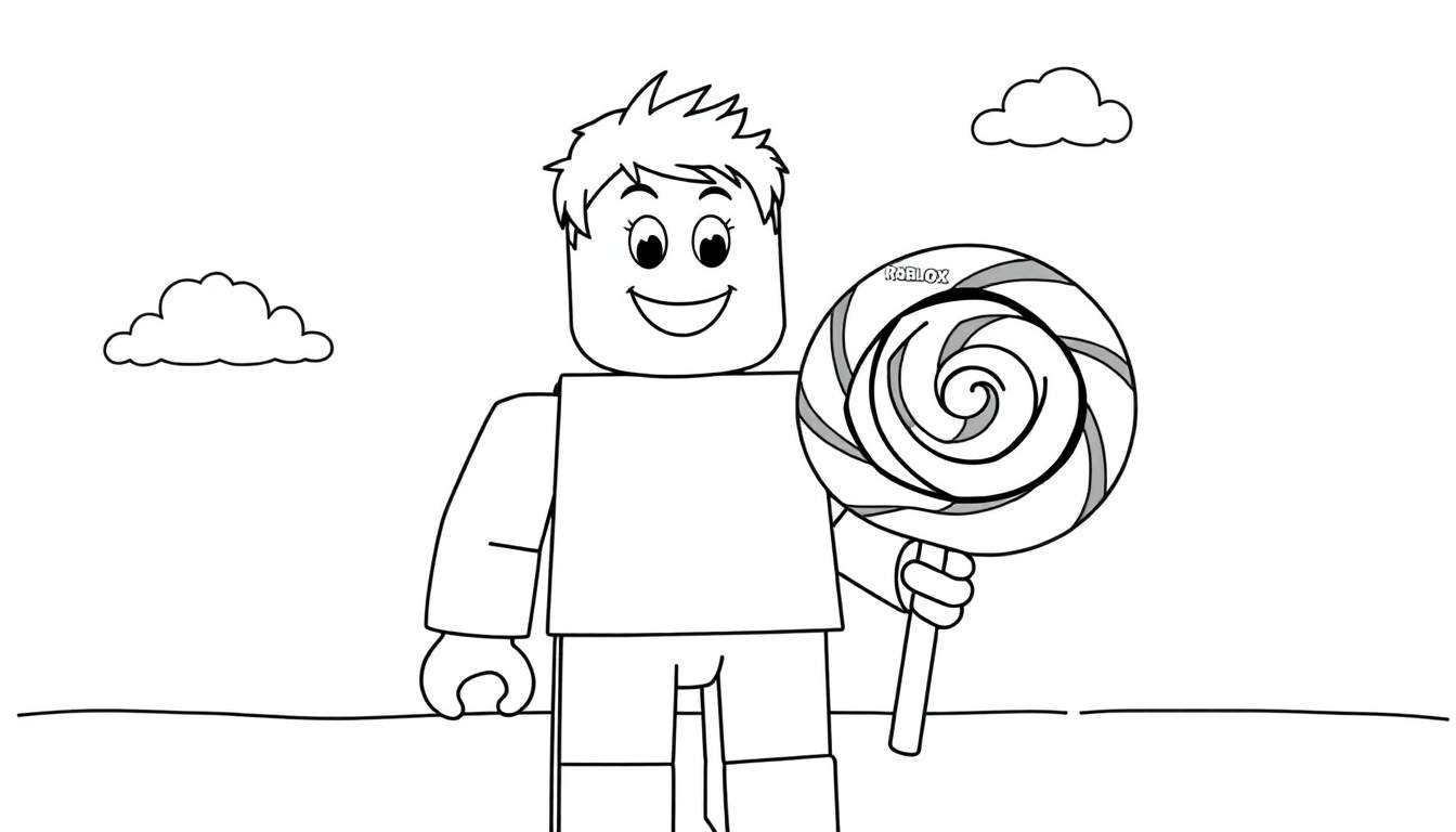 A black and white Roblox character with a big smile holding a Roblox lollipop, ready for a color panel.