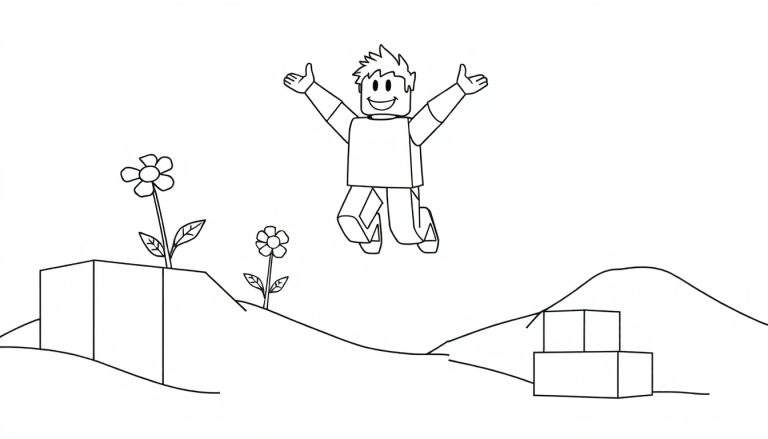 A black and white Roblox character jumping happily in a blocky world, ready for a color panel adventure.