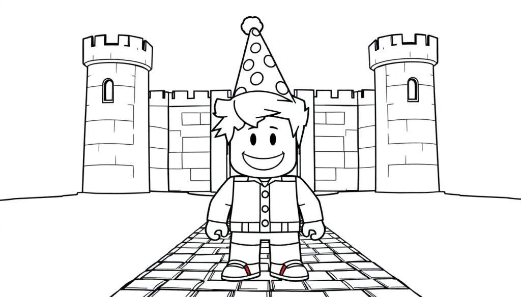 A cute Roblox avatar wearing a party hat and smiling, standing on a tiled pathway leading to a simplified black and white castle, a fun color panel for drawing.