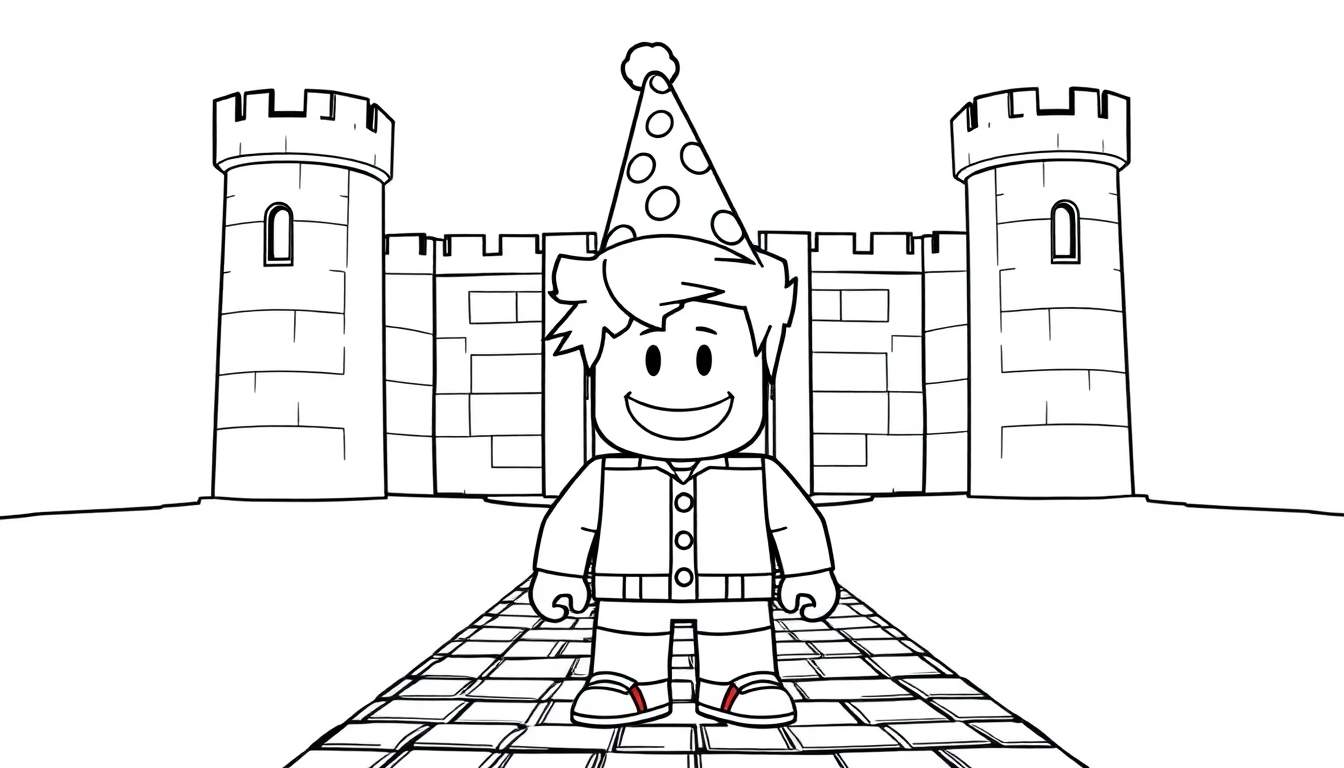A cute Roblox avatar wearing a party hat and smiling, standing on a tiled pathway leading to a simplified black and white castle, a fun color panel for drawing.