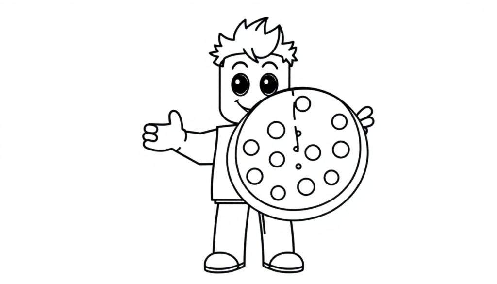 A black and white cartoon Roblox character with spiky hair and big eyes is presenting a large pizza. This is a color panel for kids.